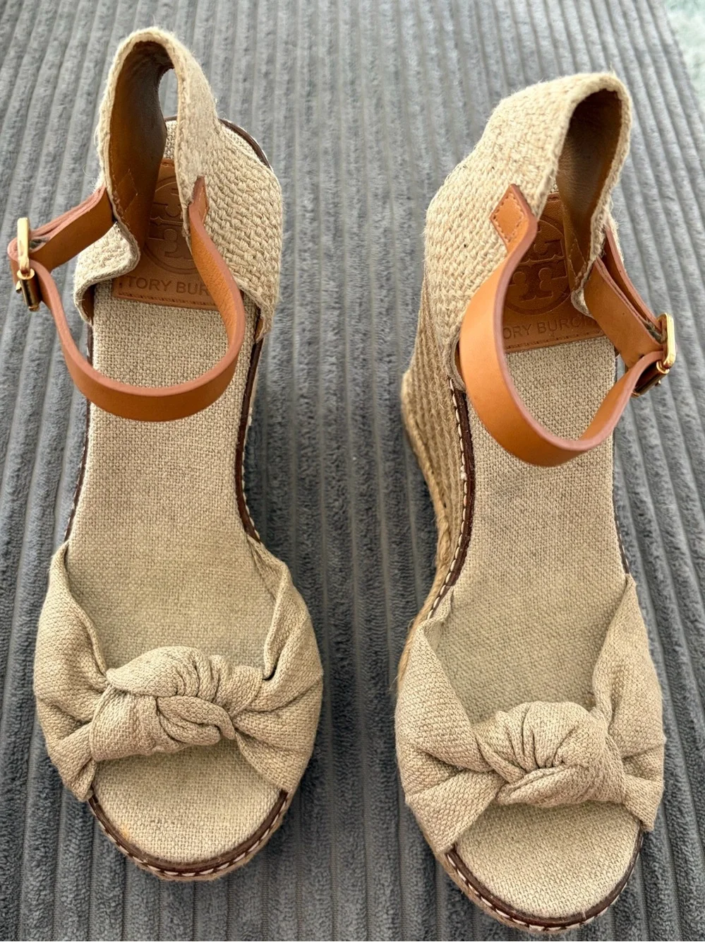 Tory Burch Beige Espadrille Wedge Sandals with Tan Ankle Strap